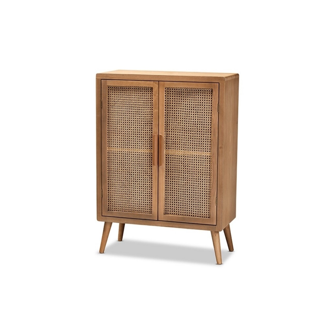 Baxton Studio Alina Mid-Century Modern Medium Oak Finished Wood and Rattan 2-Door Accent Storage Cabinet